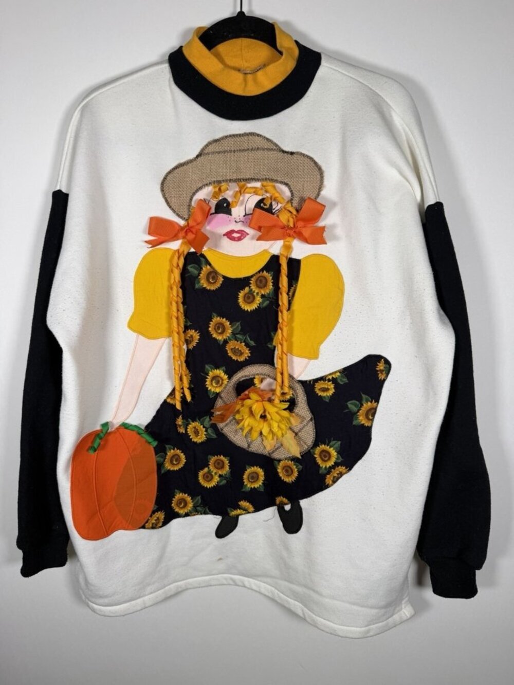 Vintage 80s whimsical ribbons country sunflower Halloween sweatshirt XL pumpkins